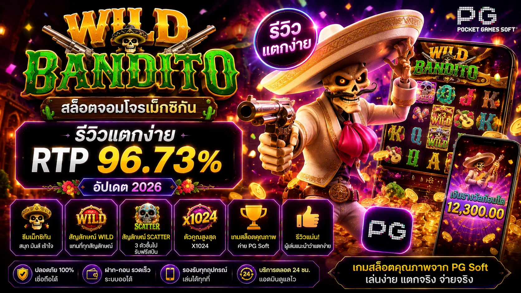 Wild Bandito สล็อตจอมโจร PG Soft รีวิวตัวคูณฟรีสปินไม่จำกัด 2026